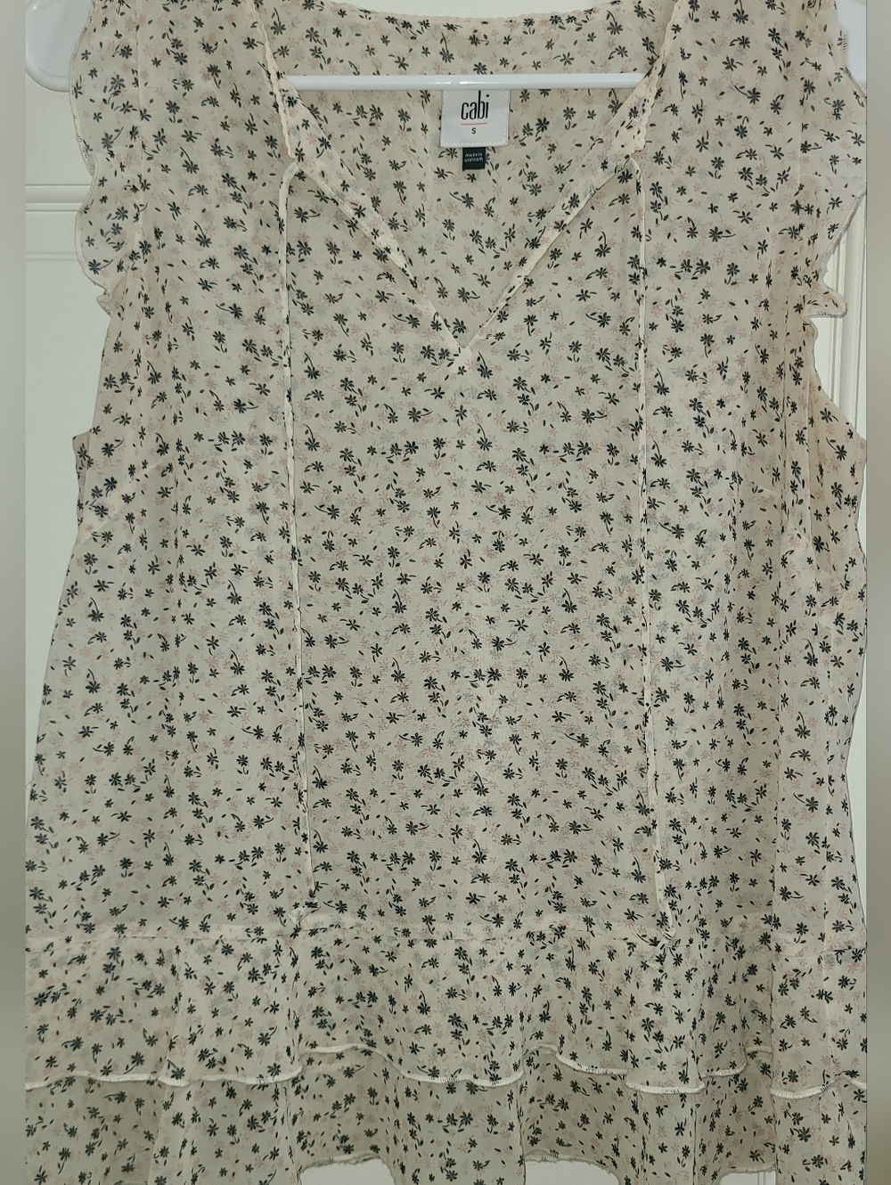 CAbi Cream Floral Ruffle V-Neck Sleeveless Blouse